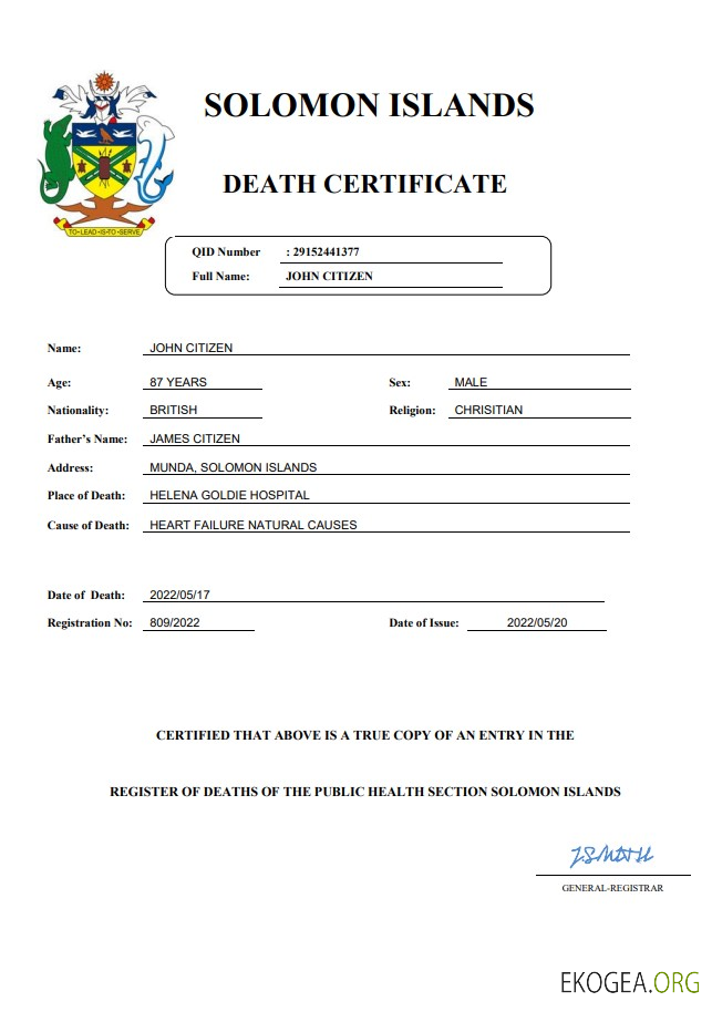 Modèle Word et PDF de certificat de décès de l'état civil des Îles Salomon